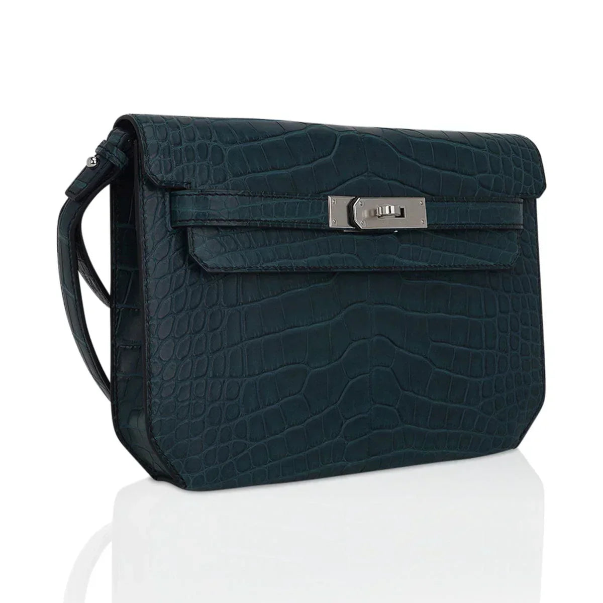 Kelly Depeches 25 Pouch Vert Rousseau Matte Alligator Palladium Hardware