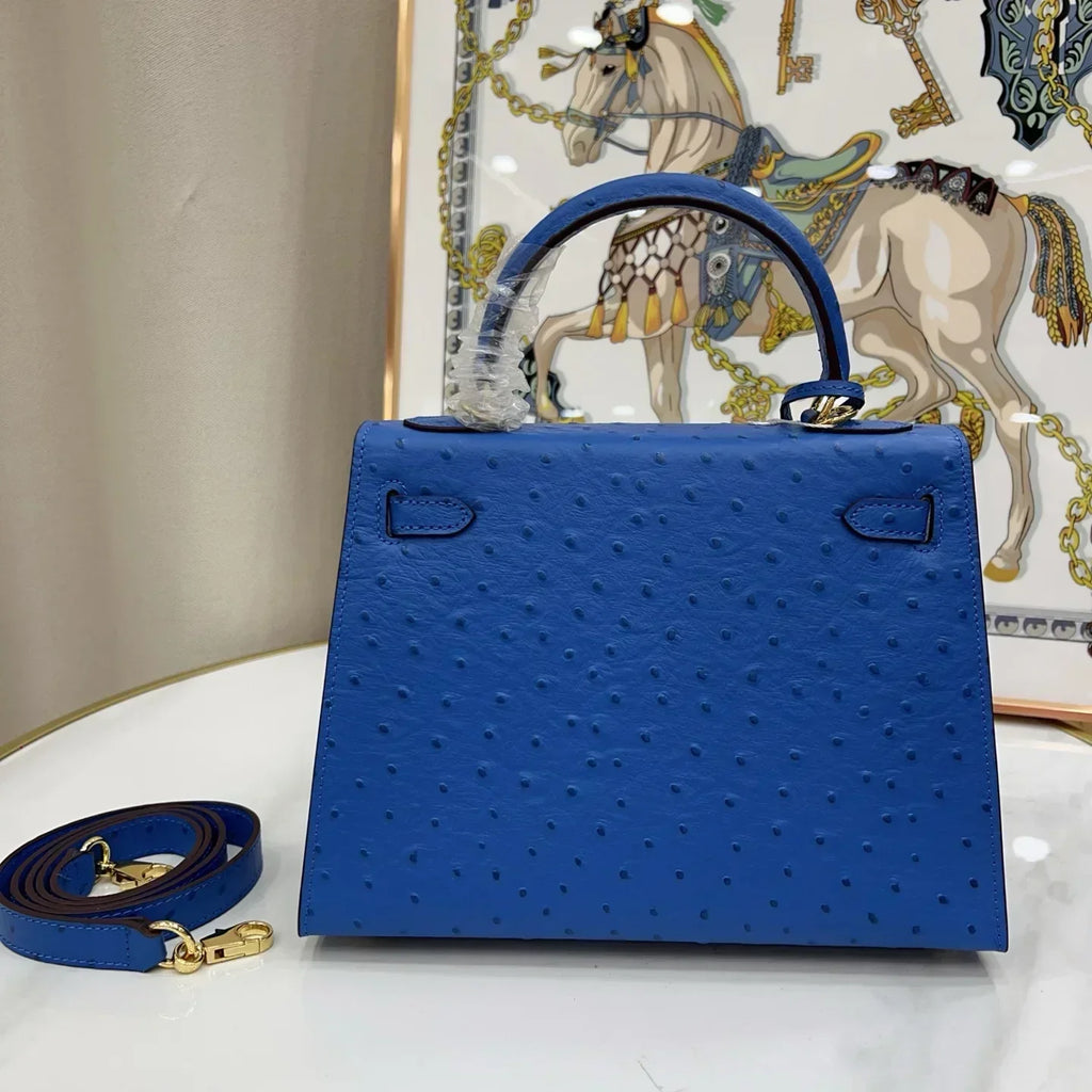 Kelly 25 Sellier Ostrich Bleuet Gold Hardware