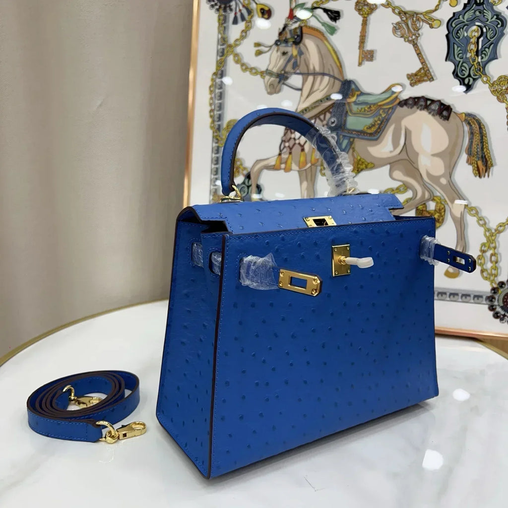 Kelly 25 Sellier Ostrich Bleuet Gold Hardware