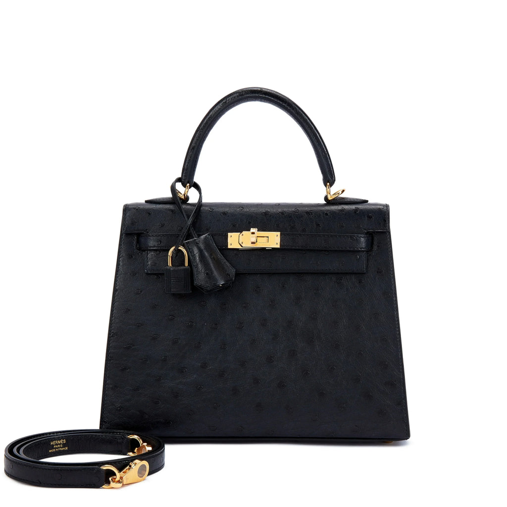 Kelly 25 Sellier Black Ostrich Gold Hardware
