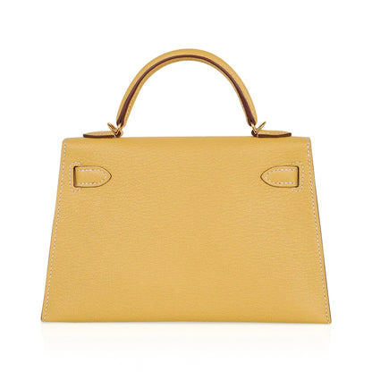 Mini Kelly 20 Sellier Jaune Foin Bag Chevre Gold