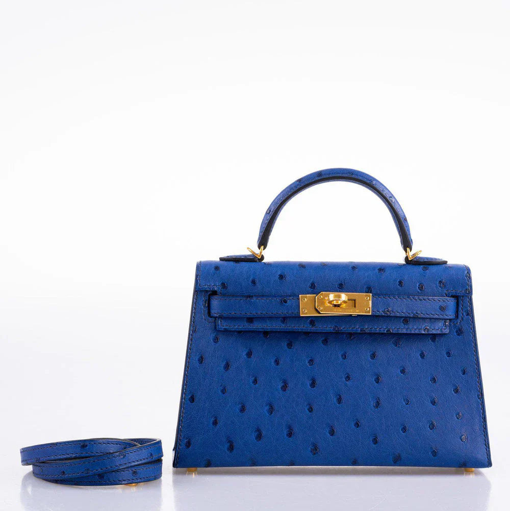 Kelly Mini II Blue Sapphire Ostrich Gold Hardware