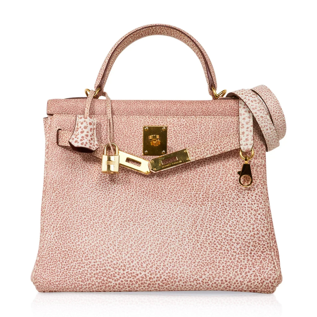 Kelly 28 Pink Dalmation Buffalo Skipper Leather Bag Gold Hardware