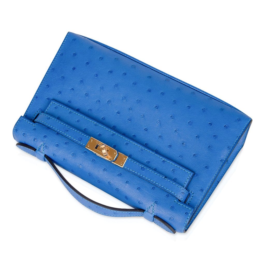 Kelly Pochette Bag Bleuet Ostrich Clutch Gold Hardware