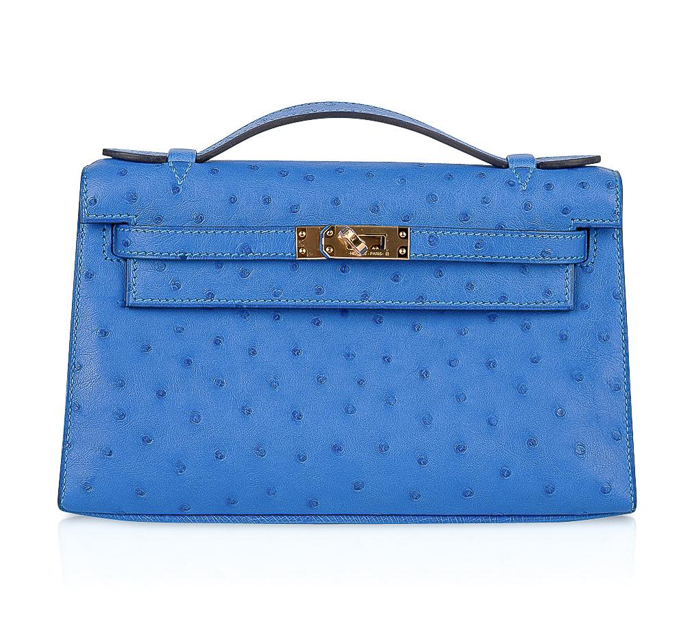 Kelly Pochette Bag Bleuet Ostrich Clutch Gold Hardware