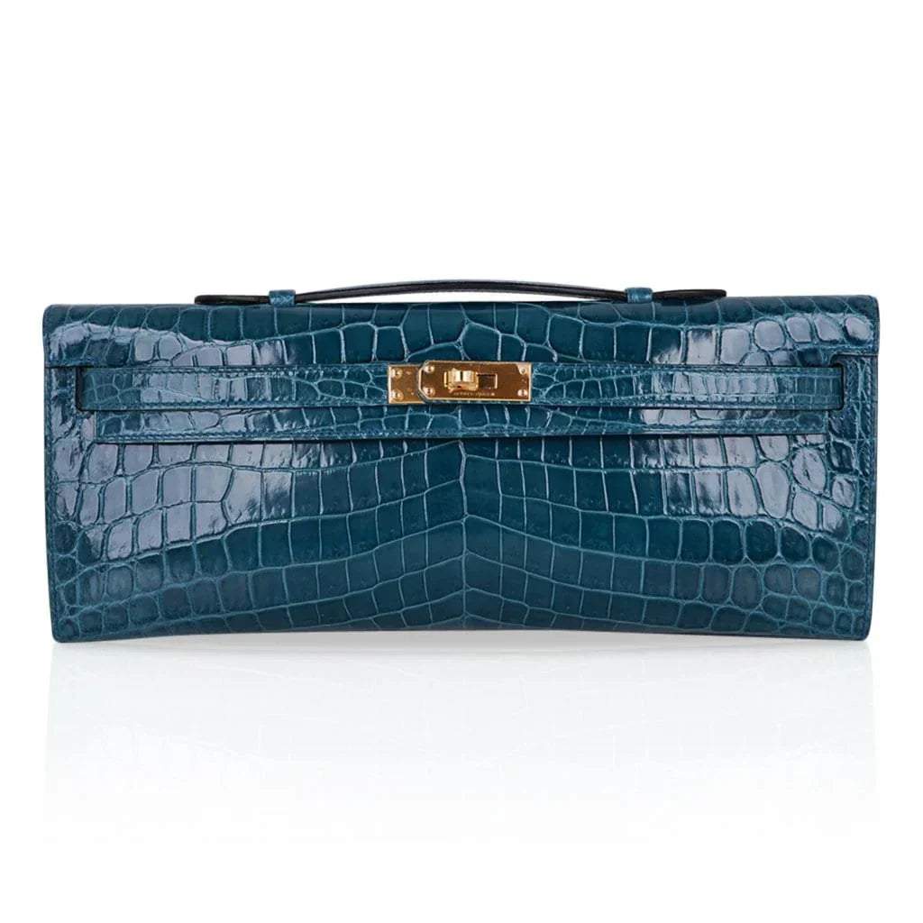 Kelly Cut Bag Blue Colvert Crocodile with Gold Hardware