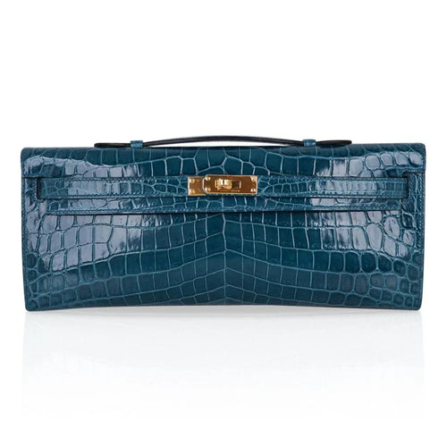 Kelly Cut Bag Blue Colvert Crocodile with Gold Hardware