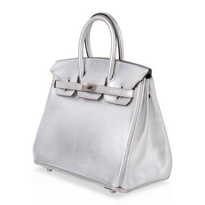 Birkin 25 Bag Metallic Silver Chevre with Brushed Palladium Hardware