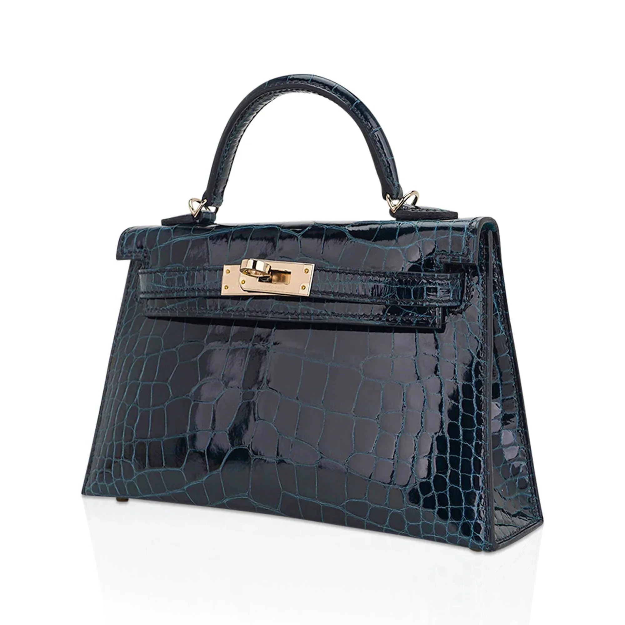 Limited Edition Verso Mini Kelly 20 Sellier Bag Vert Rousseau & Blue Paon Alligator with Permabrass Hardware