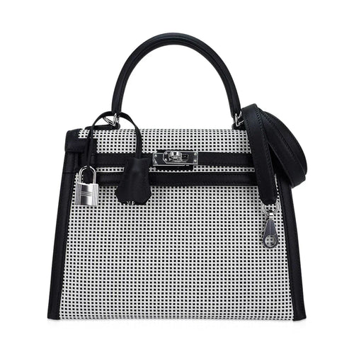Kelly 25 Sellier Bag Quadrille Black & White Viking Toile Swift Leather with Palladium Hardware