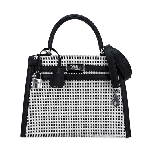 Kelly 25 Sellier Bag Quadrille Black & White Viking Toile Swift Leather with Palladium Hardware
