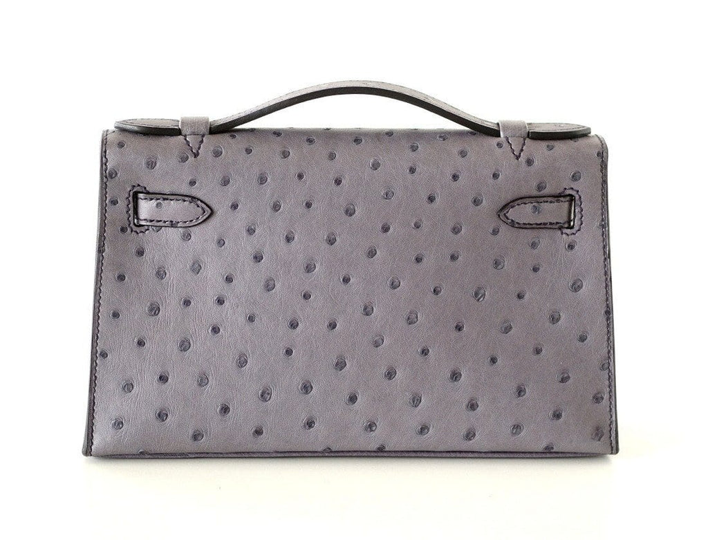 Kelly Pochette Clutch Bag Ostrich Gris Agate Gold Hardware
