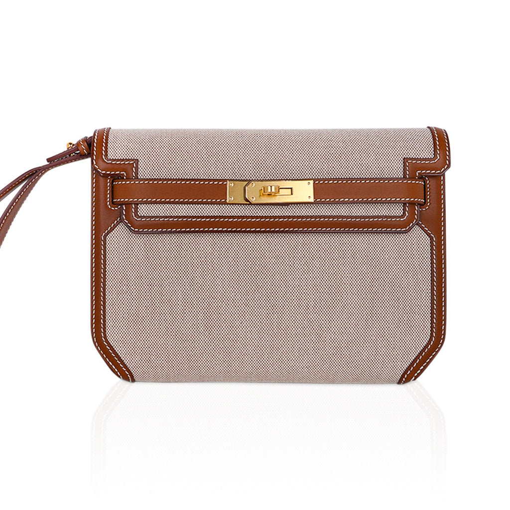 Kelly Depeches 25 Pouch Toile / Fauve Barenia Trim Gold Hardware