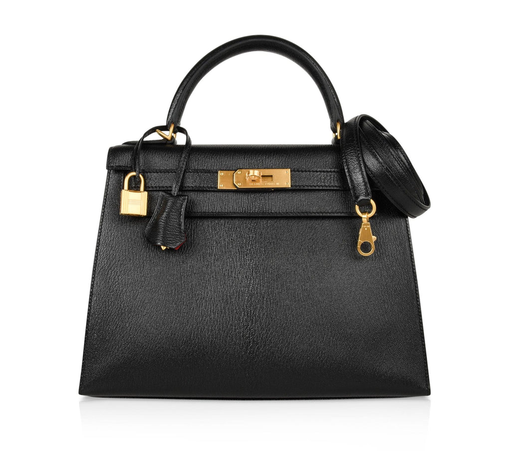 Kelly HSS 28 Bag Sellier Black Chevre Vermillion Interior Brushed Gold