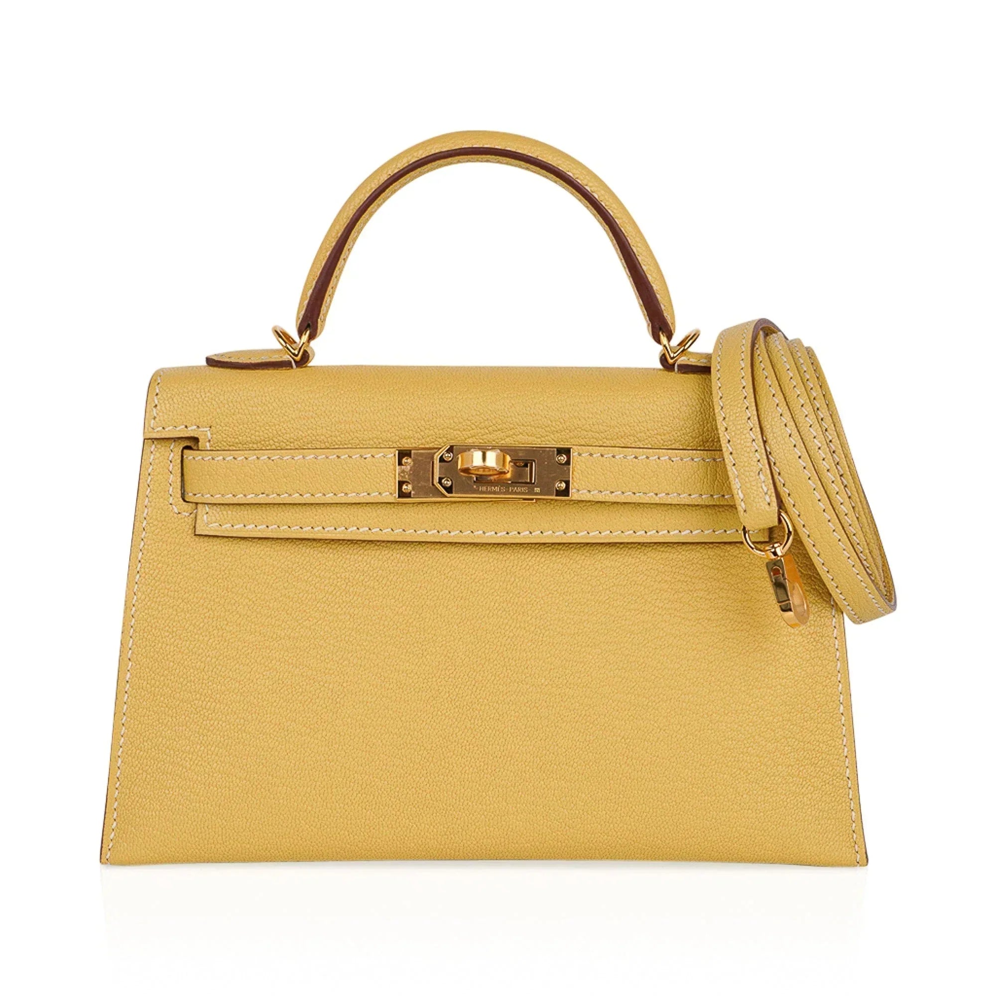 Mini Kelly 20 Sellier Jaune Foin Bag Chevre Gold