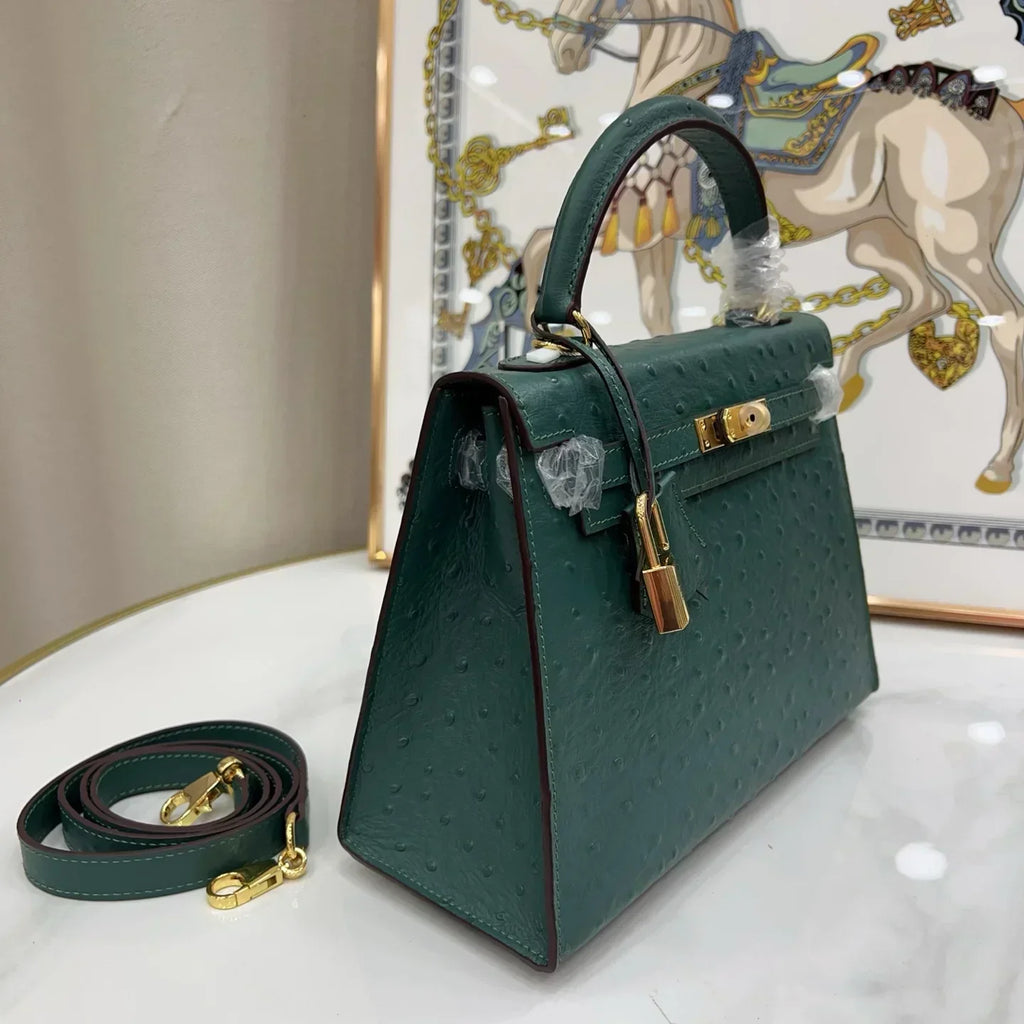 Kelly 25 Vert Ostrich Leather Ostrich Grain Texture Gold Hardware
