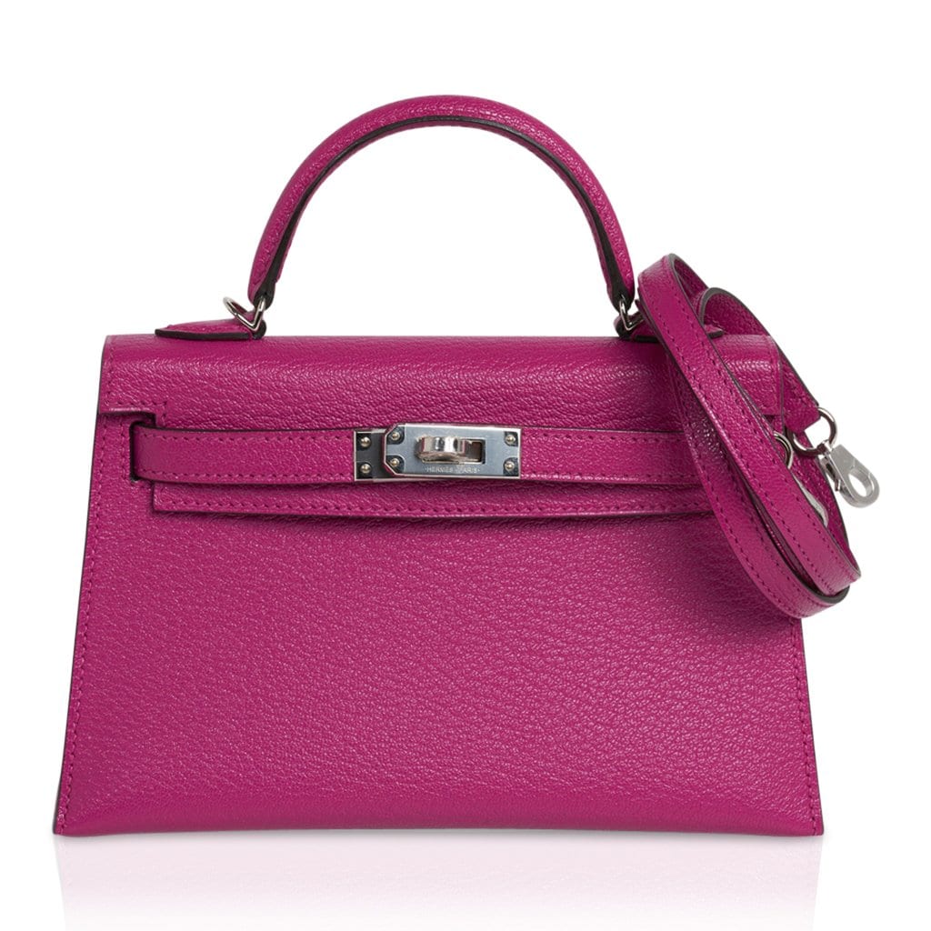 Mini Kelly 20 Bag Sellier Rose Pourpre Chevre Leather with Palladium Hardware