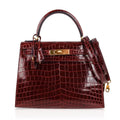 Kelly 28 Bag Sellier Bourgogne Red Navy Contour Crocodile Gold Hardware