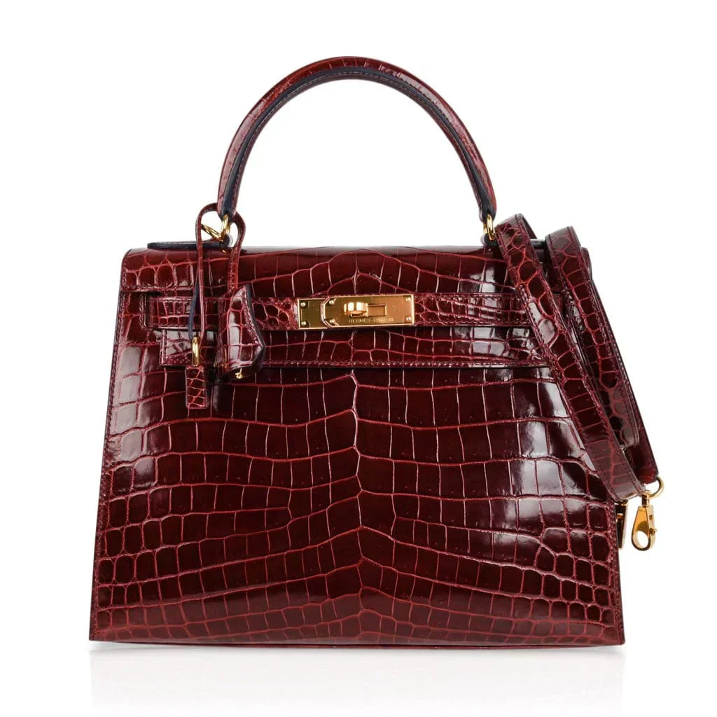 Kelly 28 Bag Sellier Bourgogne Red Navy Contour Crocodile Gold Hardware