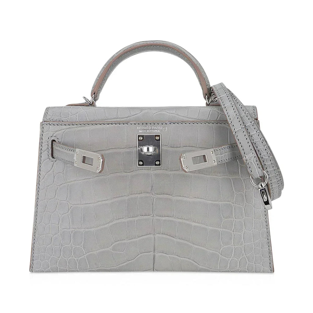 Limited Edition Mini Kelly 20 Sellier Matte Gris Perle Alligator Bag Palladium Hardware