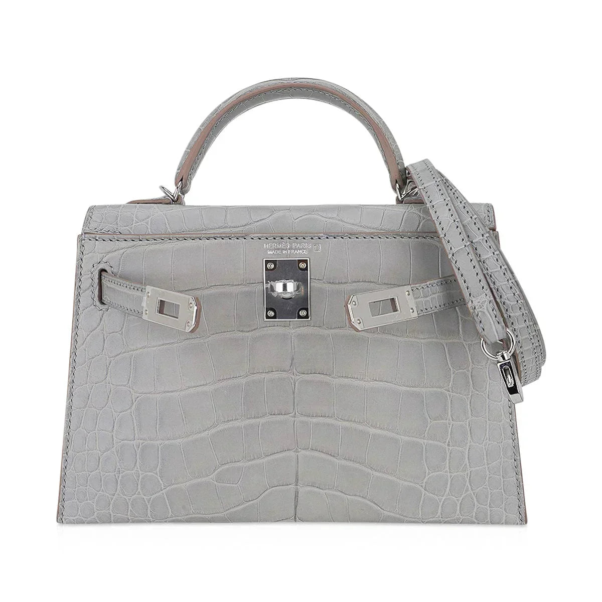 Limited Edition Mini Kelly 20 Sellier Matte Gris Perle Alligator Bag Palladium Hardware
