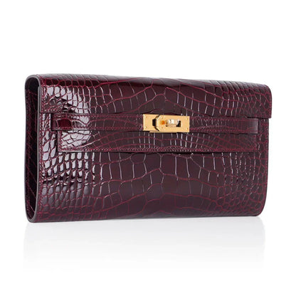 Kelly Classique To Go Wallet Bordeaux Alligator Gold Hardware New w/Box