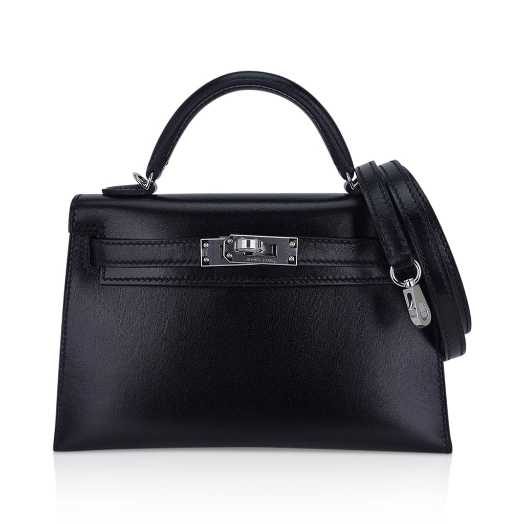 Kelly 20 Sellier Black Box Leather Mini Bag Palladium Hardware