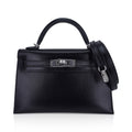 Kelly 20 Sellier Black Box Leather Mini Bag Palladium Hardware