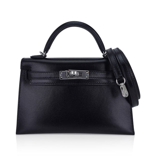 Kelly 20 Sellier Black Box Leather Mini Bag Palladium Hardware