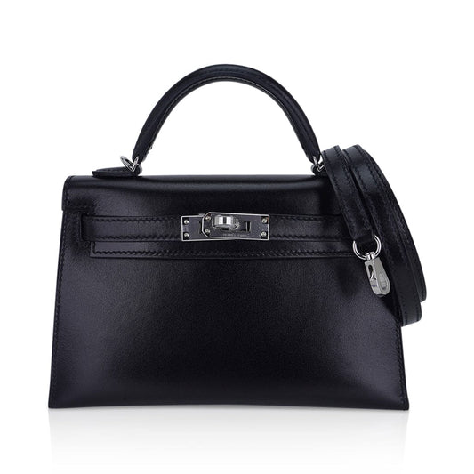 Kelly 20 Sellier Black Box Leather Mini Bag Palladium Hardware