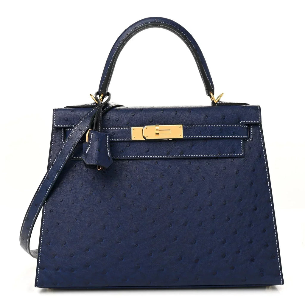 Kelly 25 Bleu Iris Sellier Ostrich Gold Hardware