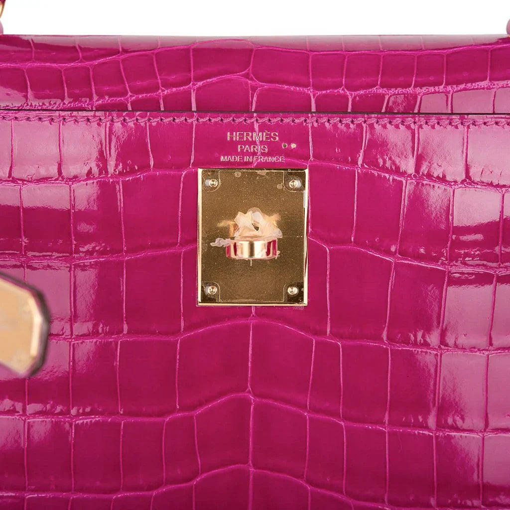 Kelly 28 Sellier Bag Rose Scheherazade Crocodile Gold Hardware