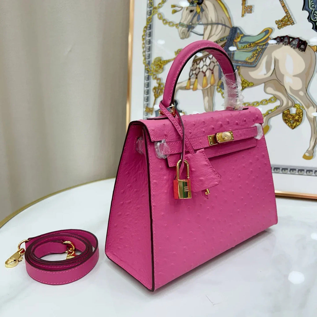 Kelly Sellier 25 Rose Pourpre and Gris Agate Ostrich Brushed Gold Hardware
