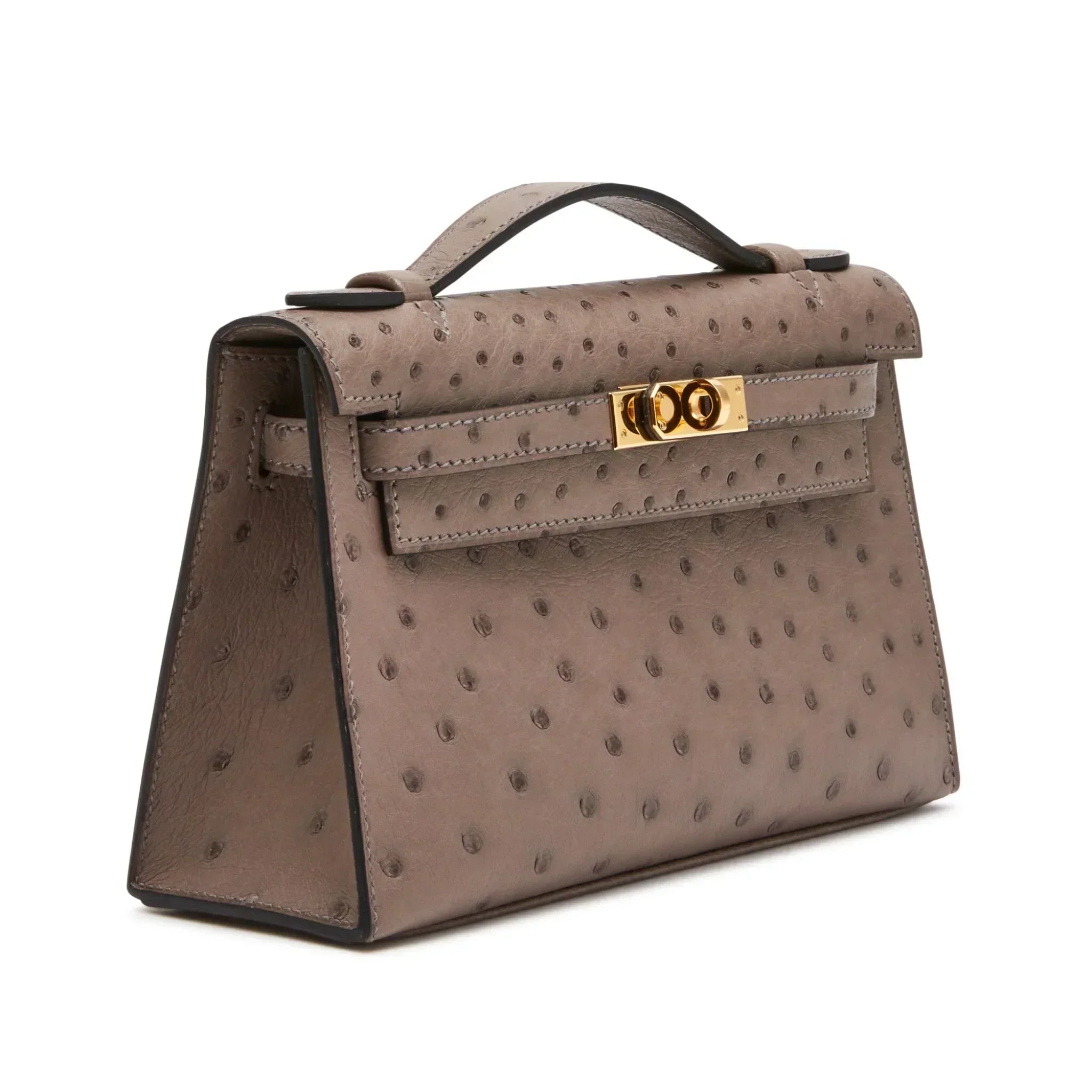 Kelly Pochette in Ostrich Leather with Gold Hardware Gris Tourterelle