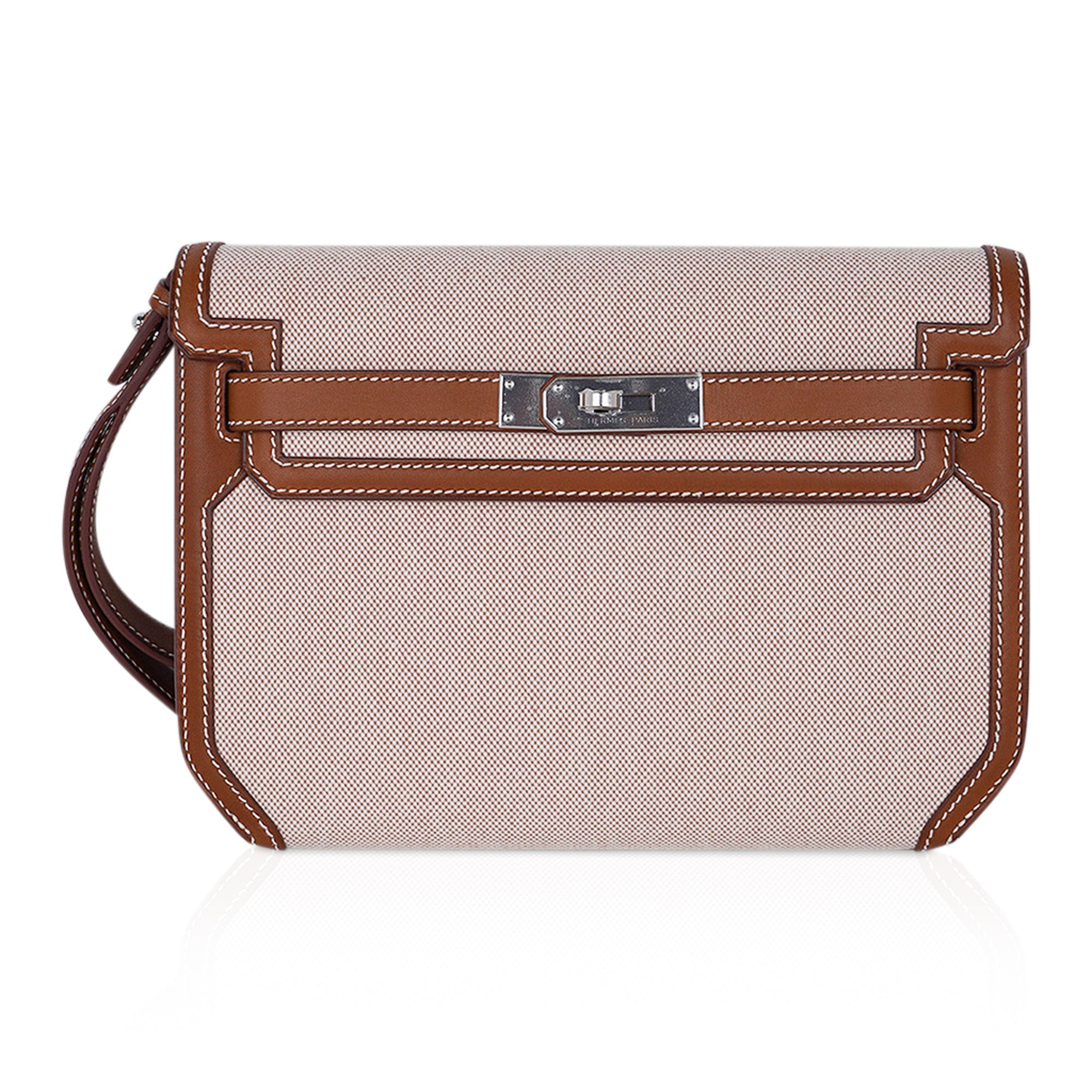 Kelly Depeches 25 Pouch Toile & Fauve Barenia Trim with Palladium Hardware