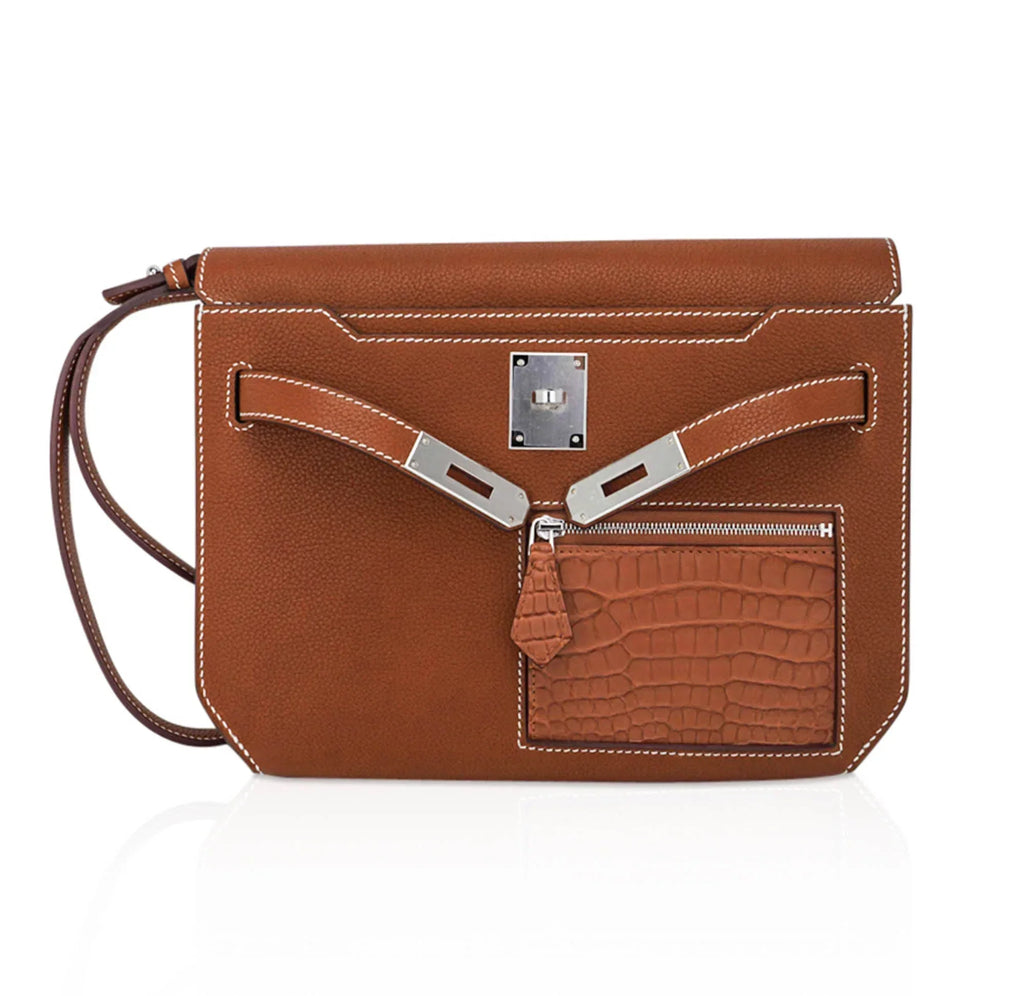 Kelly Depeches Touch Pouch 25 Bag Fauve Barenia Faubourg Leather and Gold Matte Alligator with Palladium Hardware