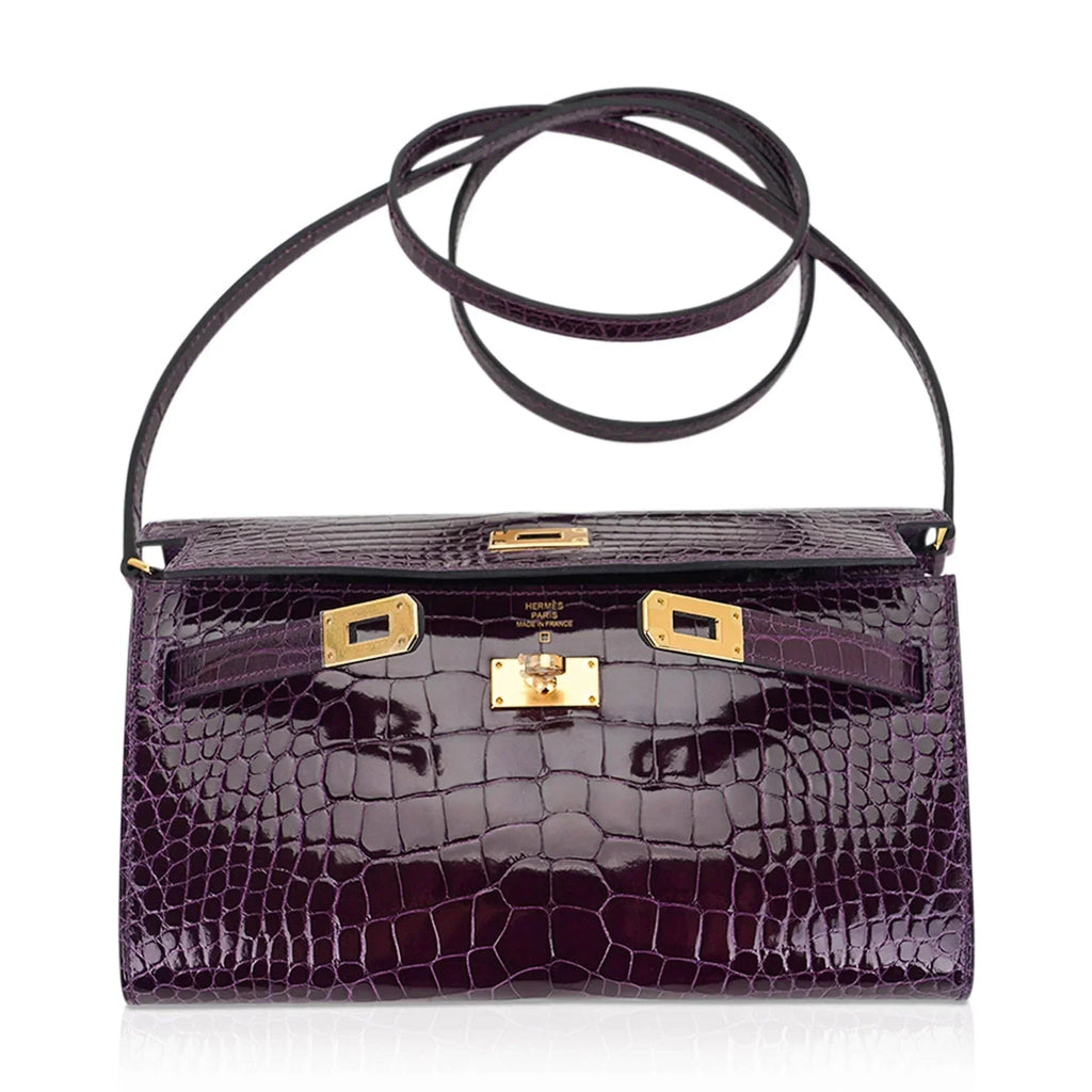 Kelly Classique To Go Wallet Cassis Alligator with Gold Hardware