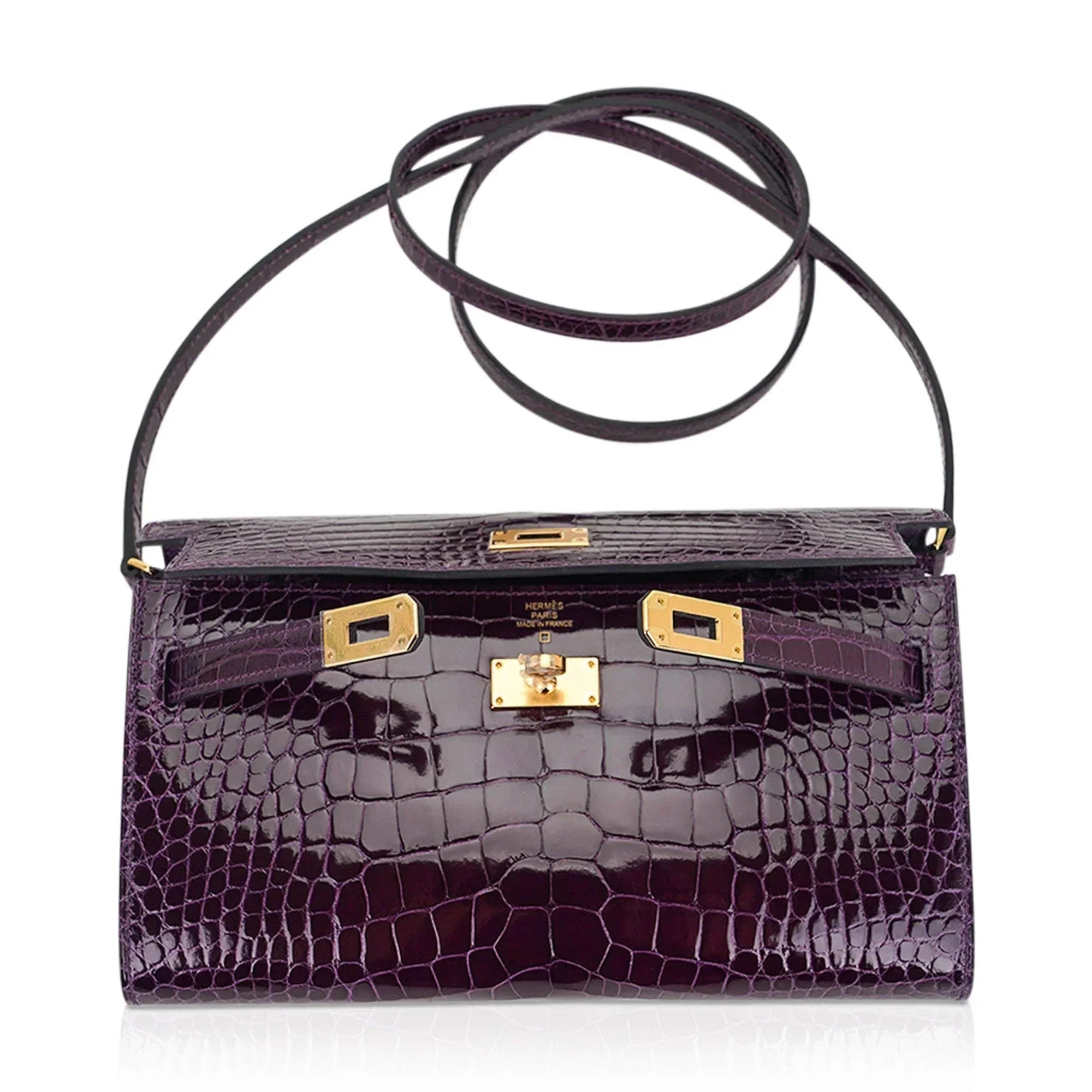 Kelly Classique To Go Wallet Cassis Alligator with Gold Hardware