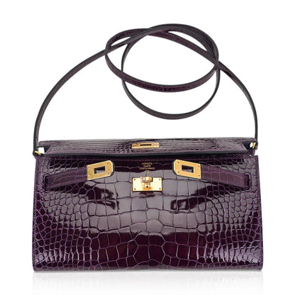 Kelly Classique To Go Wallet Cassis Alligator with Gold Hardware
