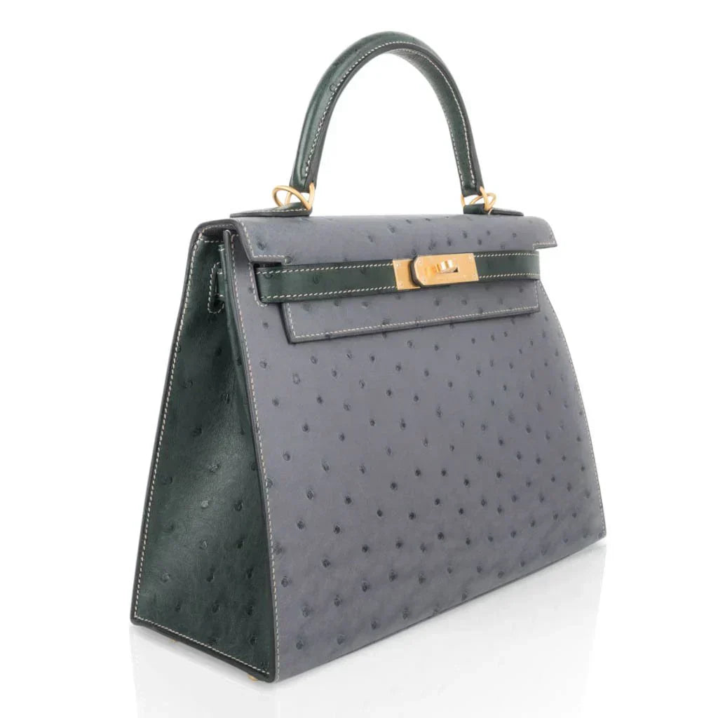 Kelly Sellier 28 HSS Bag Gris Agate / Vert Titien Ostrich Gold Hardware