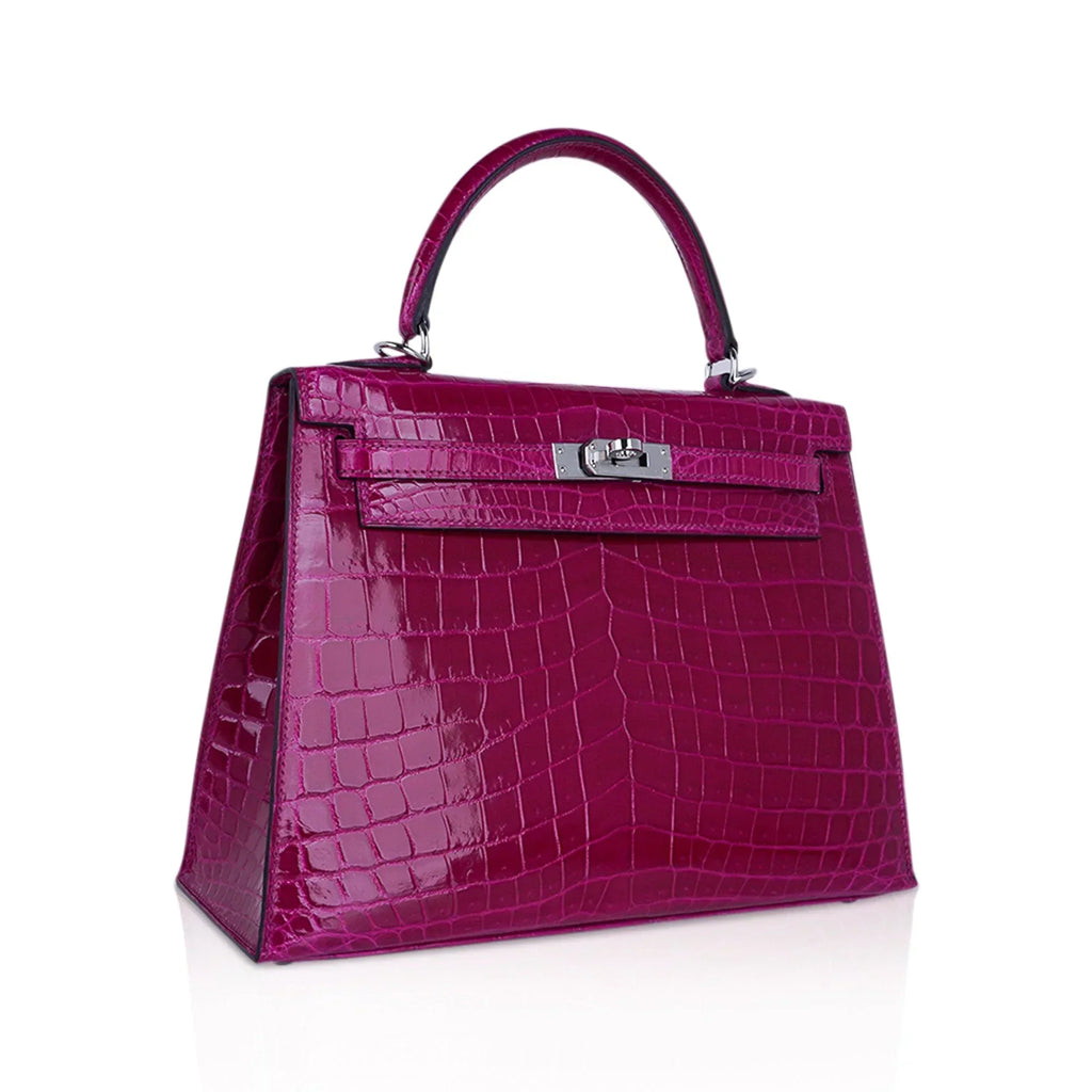 Kelly 25 Sellier Bag Rose Pourpre Crocodile with Palladium Hardware
