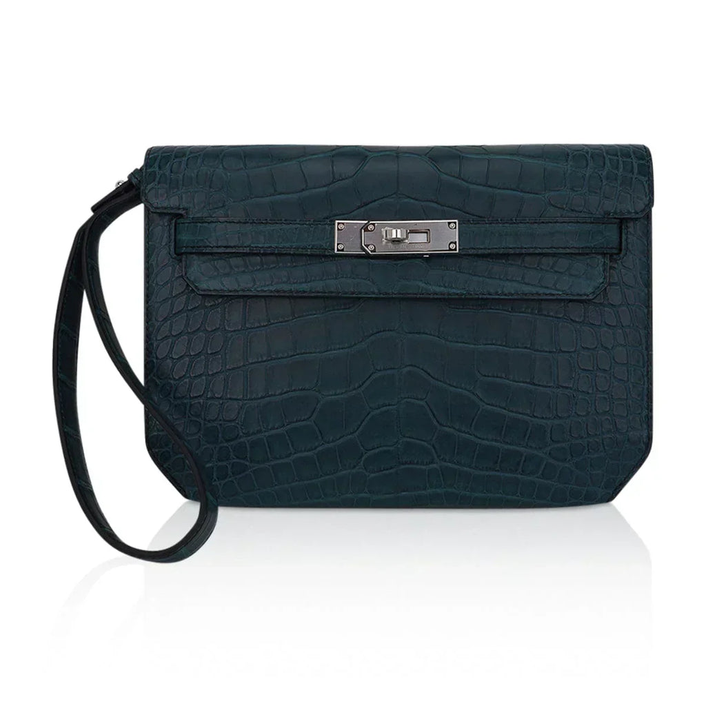 Kelly Depeches 25 Pouch Vert Rousseau Matte Alligator Palladium Hardware