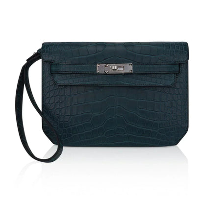 Kelly Depeches 25 Pouch Vert Rousseau Matte Alligator Palladium Hardware
