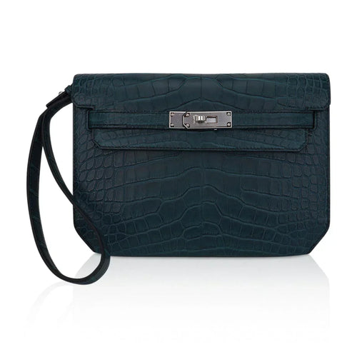 Kelly Depeches 25 Pouch Vert Rousseau Matte Alligator Palladium Hardware