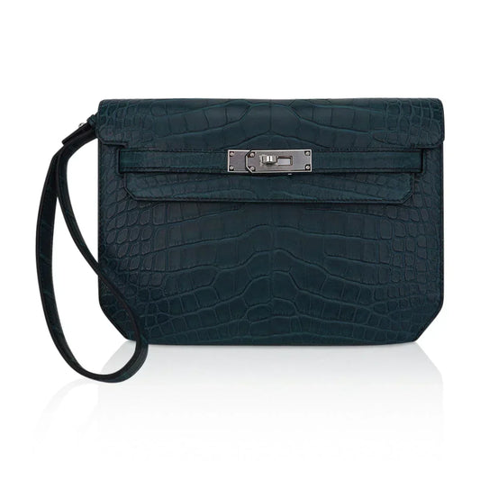 Kelly Depeches 25 Pouch Vert Rousseau Matte Alligator Palladium Hardware