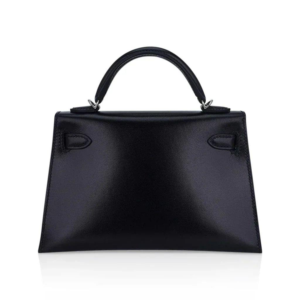 Kelly 20 Sellier Black Box Leather Mini Bag Palladium Hardware