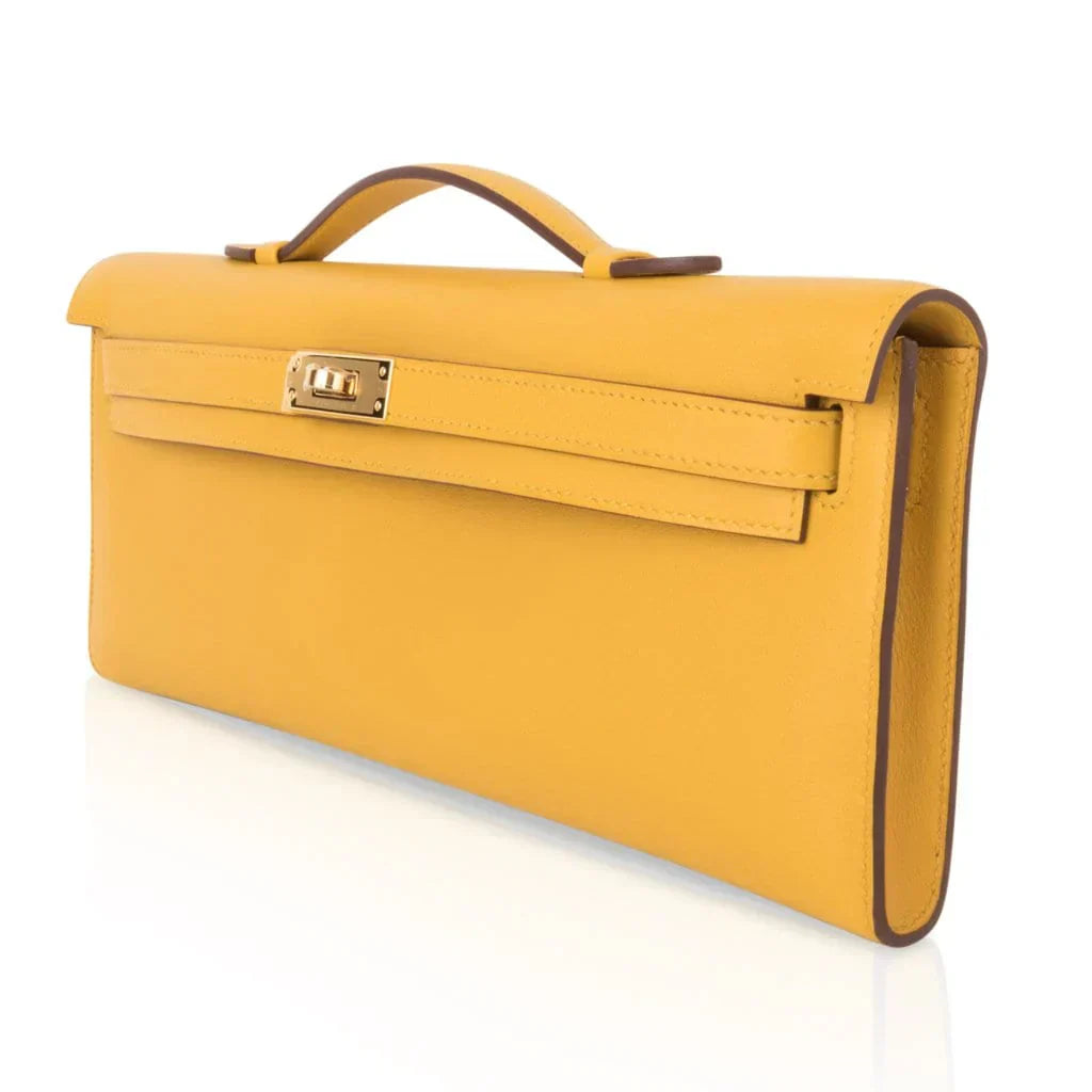 Kelly Cut Bag Jaune Ambre Clutch Swift Gold Hardware New