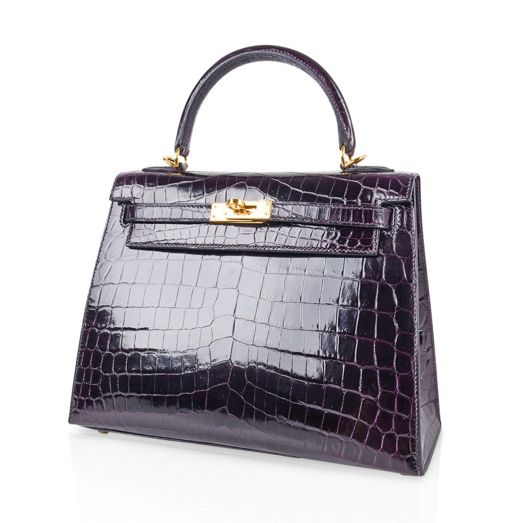 Kelly 25 Bag Sellier Crocodile Prunoir Gold Hardware
