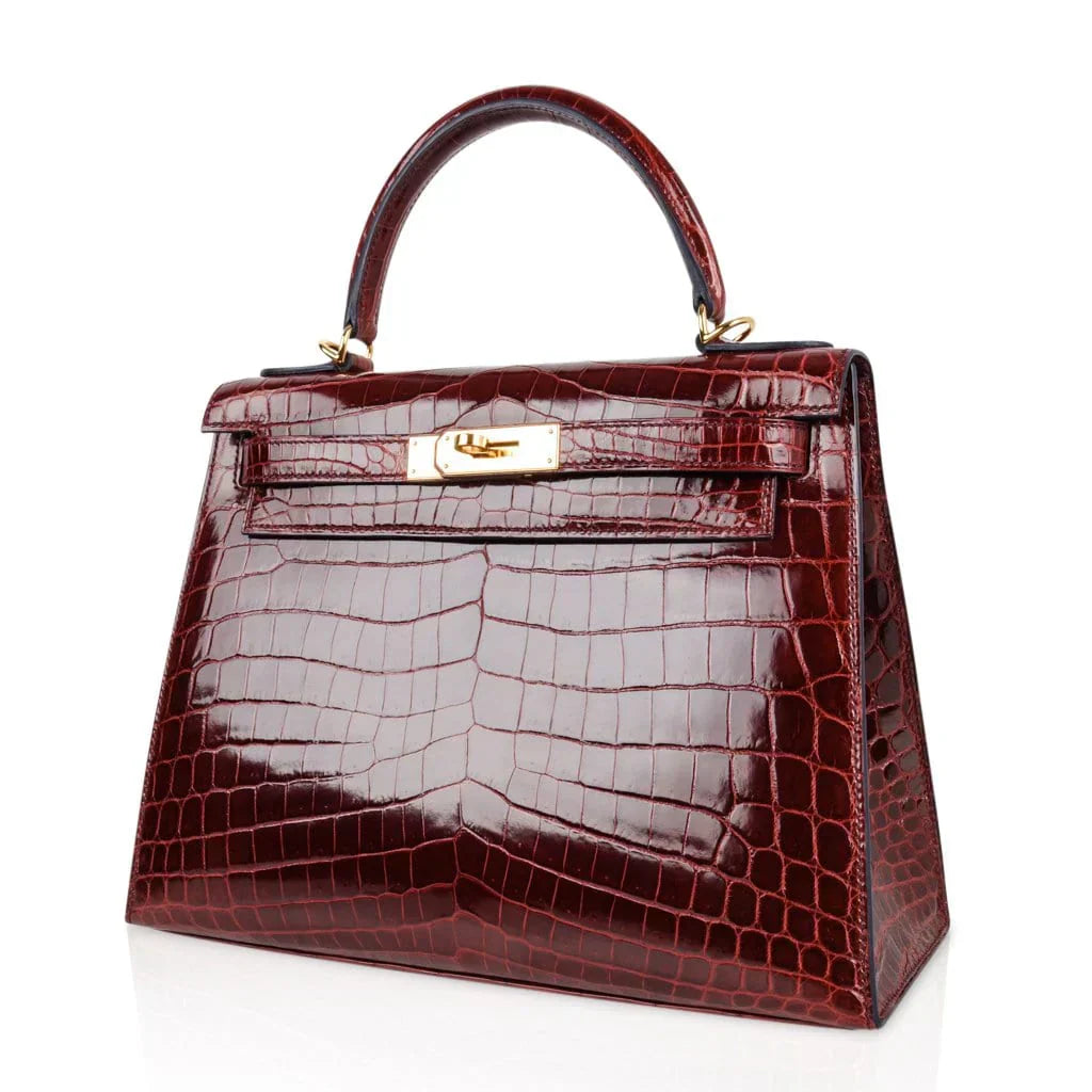 Kelly 28 Bag Sellier Bourgogne Red Navy Contour Crocodile Gold Hardware