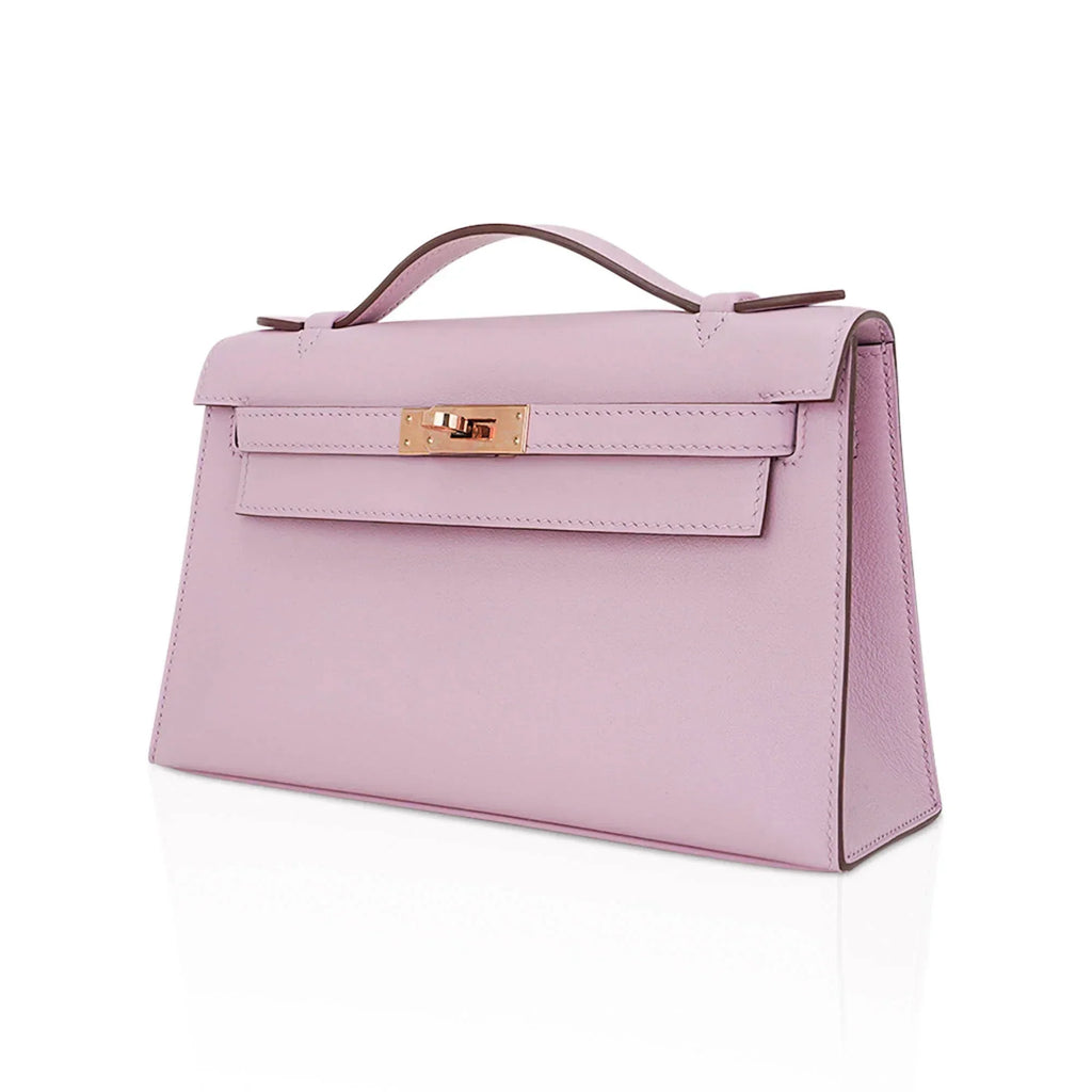 Kelly Pochette Clutch Bag Mauve Sylvestre Swift Leather with Rose Gold Hardware